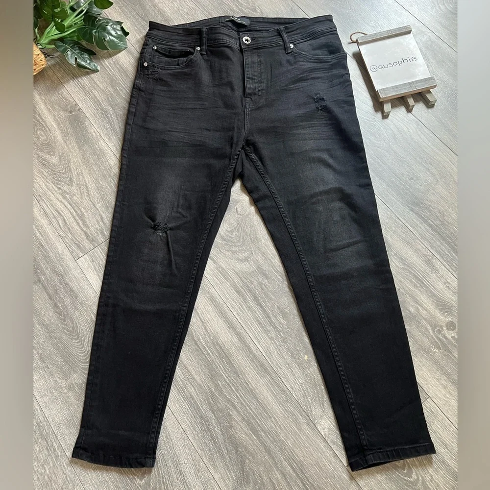 Zara Men's Whiskered Distressed Black Wash Skinny Jeans 36 Waist